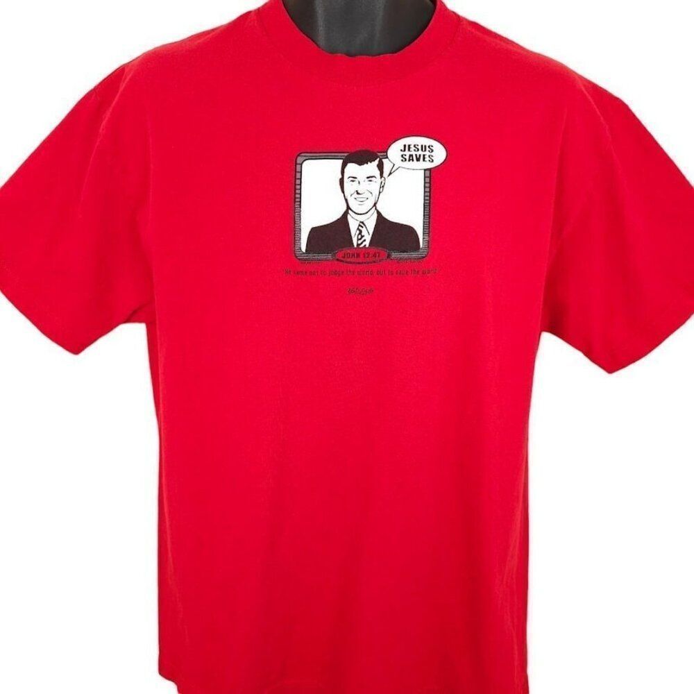 Vintage Christian T Shirt Mens Size Large Red Y2K Jesus Saves John 12:47 Bible